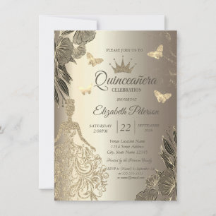 Dress,Gold Butterfllies Flowers Gold Quinceañera Invitation