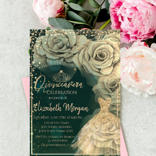 Dress Gold Tiara,Diamonds Roses Quinceañera  Invitation