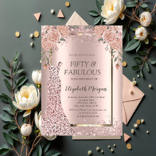 Dress Rose Gold Glitter Confetti Flowers 50th Invitation