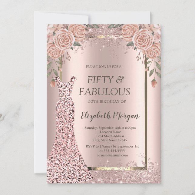  Dress Rose Gold Glitter Confetti Flowers 50th  Invitation (Front)