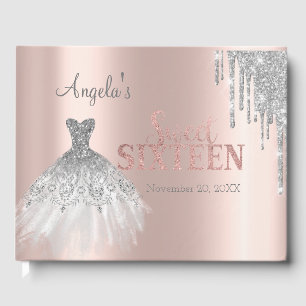  Dress Silver Glitter Drips Rose Gold Sweet 16   Guest Book