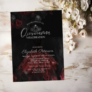  Dress,Silver Tiara,Red Roses Quinceañera   Invitation