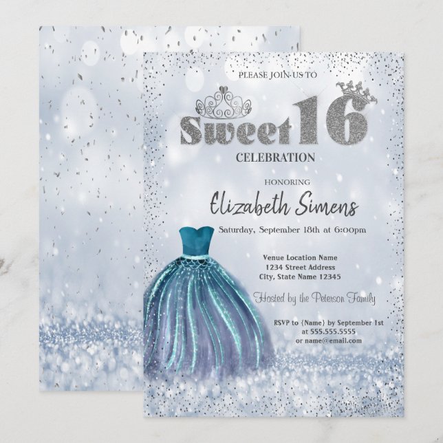 Dress,Tiara Confetti Princess Bokeh Sweet 16 Invitation (Front/Back)