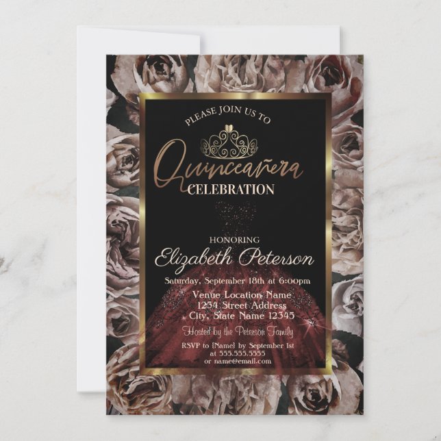  Dress,Tiara,Dark Roses Quinceañera   Invitation (Front)