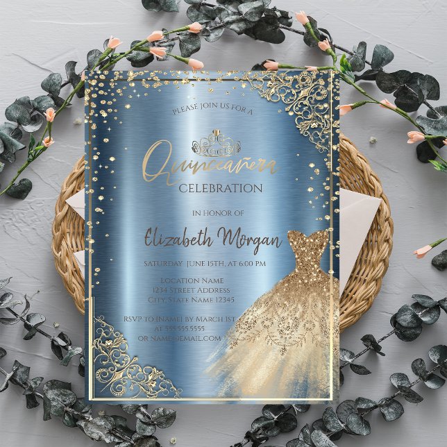 Dress Tiara,Diamonds Blue Metallic Quinceañera   Invitation (Creator Uploaded)