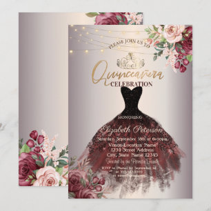  Dress,Tiara,Lights Roses,Rose Gold Quinceañera  Invitation
