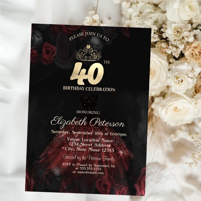  Dress,Tiara,Red Roses 40th Birthday Invitation (Creator Uploaded)