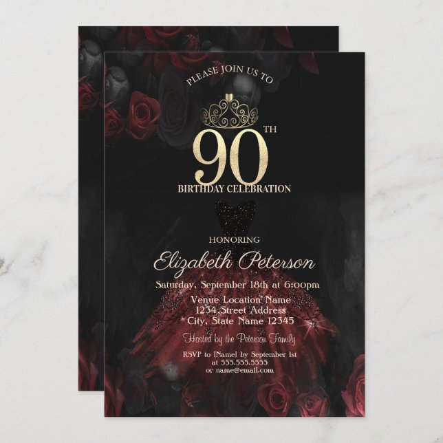  Dress,Tiara,Red Roses 90th Birthday Invitation (Front/Back)
