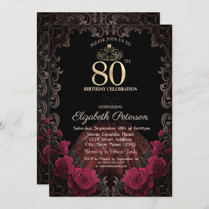 Dress,Tiara,Red Roses Gothic Frame 80th Birthday Invitation