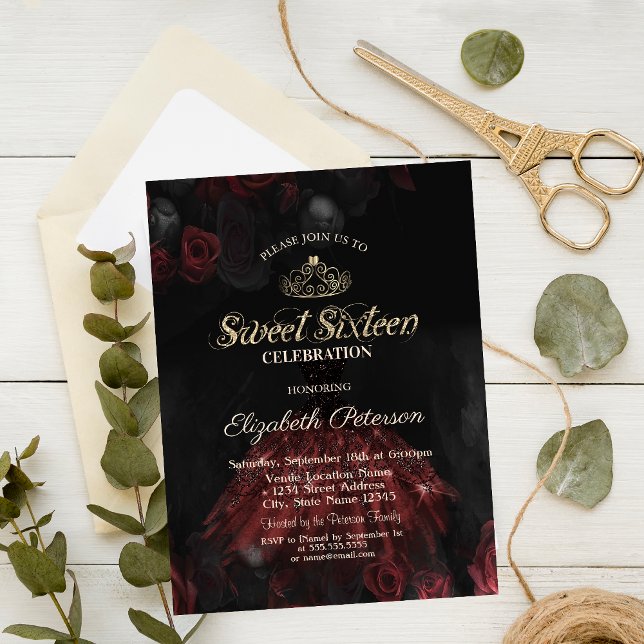  Dress,Tiara,Red Roses Sweet 16 Invitation (Creator Uploaded)