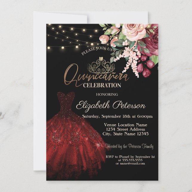 Dress,Tiara,String Lights Floral Black Quinceañera Invitation (Front)