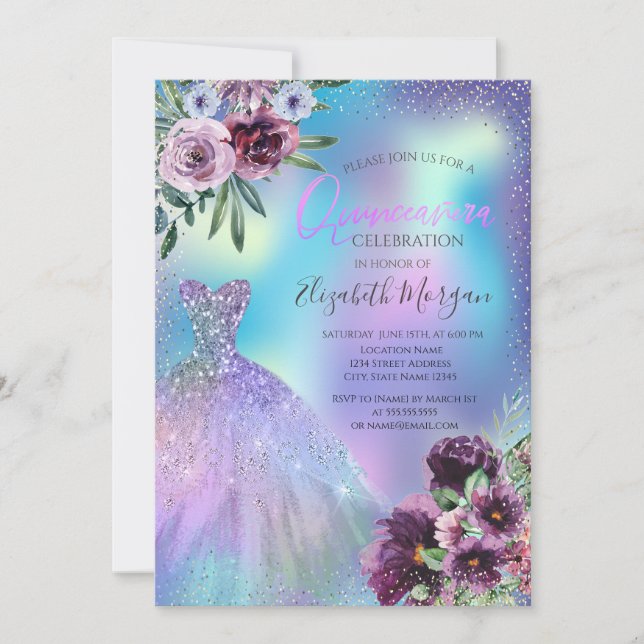 Dress,Violet Flowers Holographic Quinceañera  Invitation (Front)