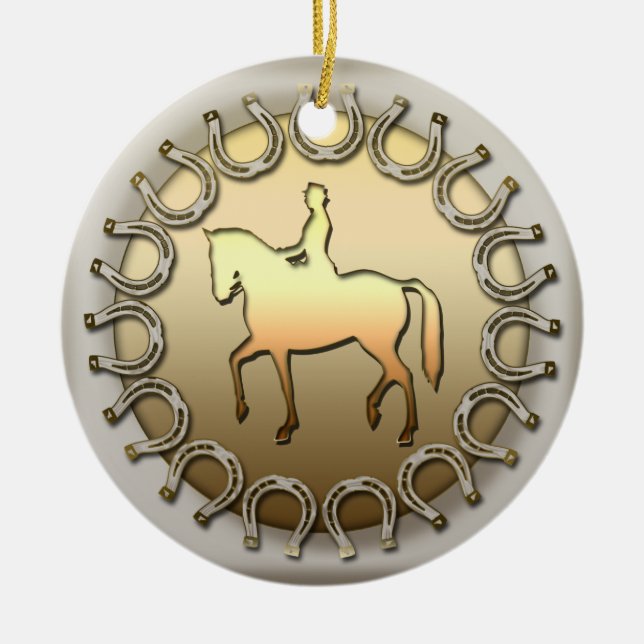 Dressage Horse Rider and Horseshoes Ceramic Tree Decoration (Front)