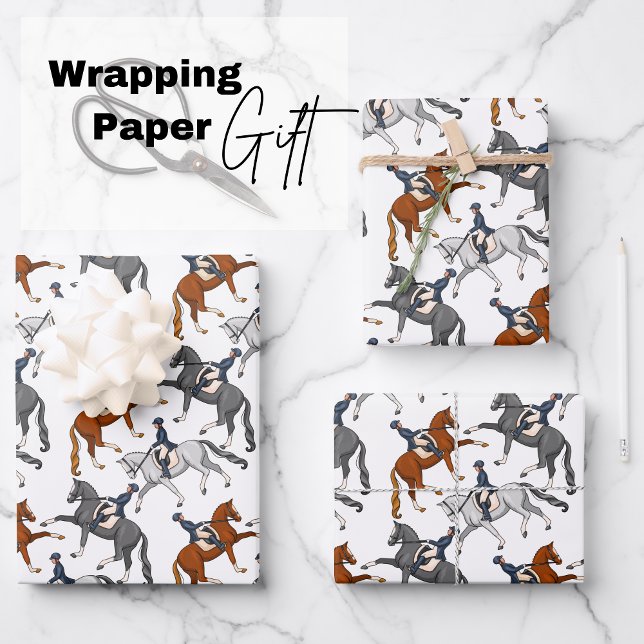 Dressage Horseback Riding Wrapping Paper Sheet (exquisite sheets featuring three majestic horses performing dressage trot in different colors)
