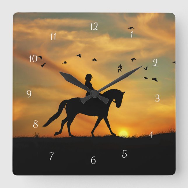 Dressage Rider and Horse in Sunset with Birds Square Wall Clock (Front)