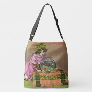 dressed cat and fish bowl crossbody bag