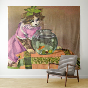 dressed cat and fish bowl tapestry