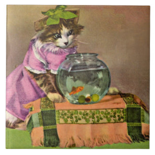 dressed cat and fish bowl tile