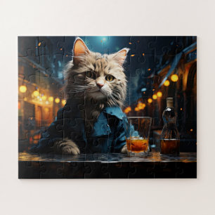 Dressed Cat at Cafe by Night Jigsaw Puzzle