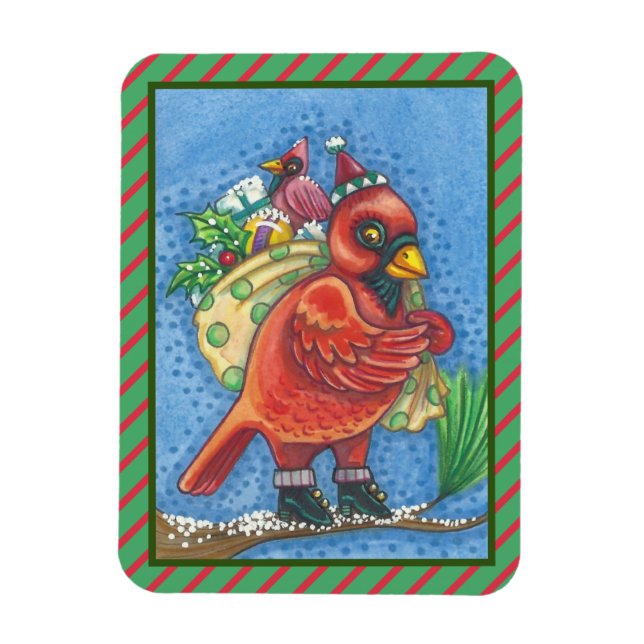 DRESSED IN RED SANTA, CHRISTMAS CARDINAL MAGNET (Vertical)