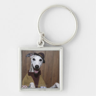 Dressed up Whippet dog at gambling table Key Ring