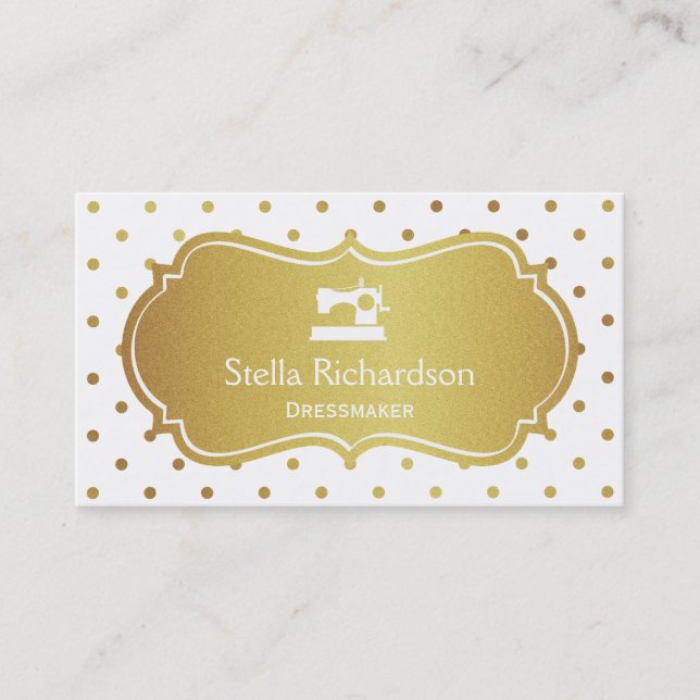 Dressmaker Seamstress Chic White Gold Polka Dots Business Card (Front)