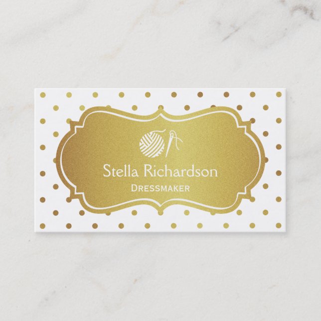 Dressmaker Thread Ball Knitting - White Gold Dots Business Card (Front)