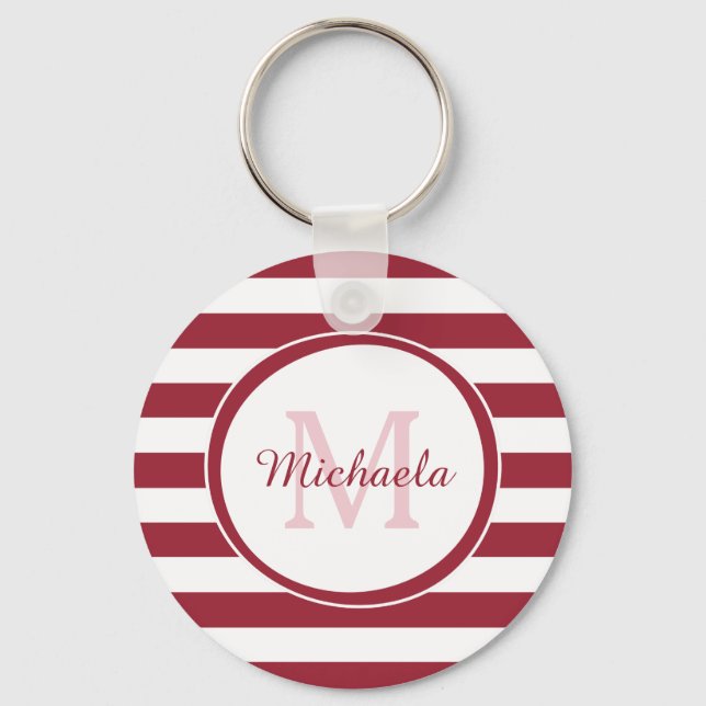 Dressy Dark Red Solid Stripes Name With Monogram Key Ring (Front)