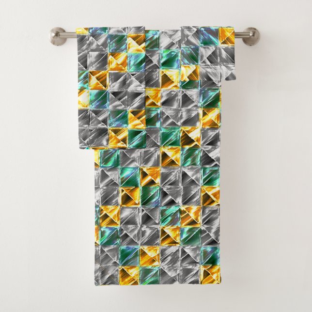  Dressy mint, golden and silver tiles or stained   Bath Towel Set (Insitu)
