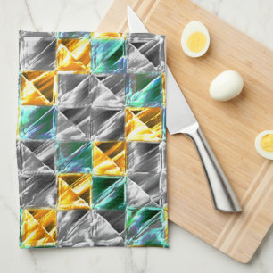 Dressy mint, golden and silver tiles or stained Tea Towel