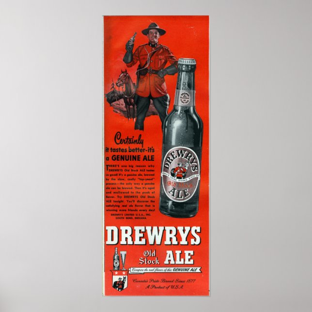 DREWRYS OLD STOCK ALE-VINTAGE CANADIAN BEER POSTER (Front)