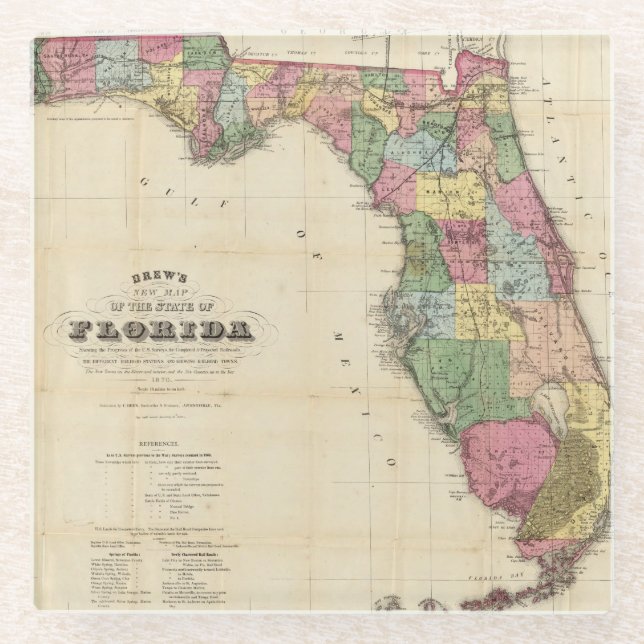 Drew's New Map Of The State Of Florida Glass Coaster (Front)