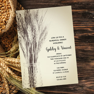 Dried Barley in Milk Bottle Farm Rehearsal Dinner Invitation