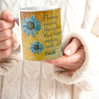 Dried Blue Daisies on Ochre Surface Flowers Quotes Coffee Mug