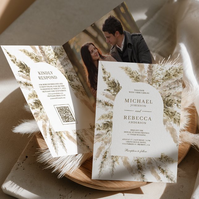 Dried Boho Pampas Grass Arch Photo QR Code Wedding Invitation (Creator Uploaded)