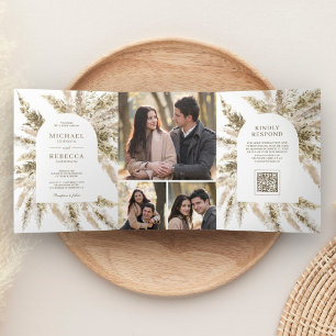 Dried Boho Pampas Grass Arch Photo QR Code Wedding Tri-Fold Invitation