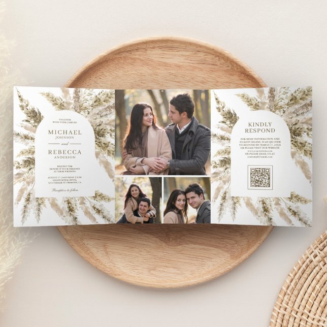 Dried Boho Pampas Grass Arch Photo QR Code Wedding Tri-Fold Invitation (Creator Uploaded)