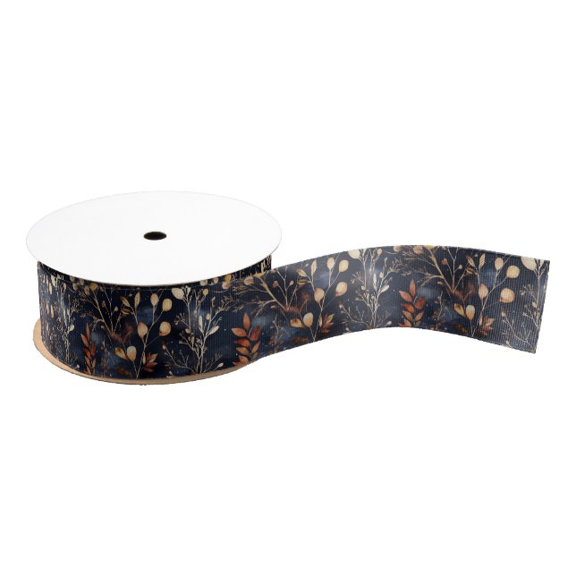 Dried Floral and Gold Coloured Leaves Grosgrain Ribbon (Spool)