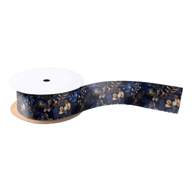 Dried Floral and Gold Coloured Leaves Satin Ribbon (Spool)