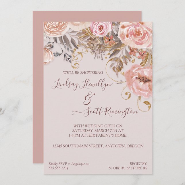 Dried Floral Boho Blush Rose Gold Bridal Shower Invitation (Front/Back)