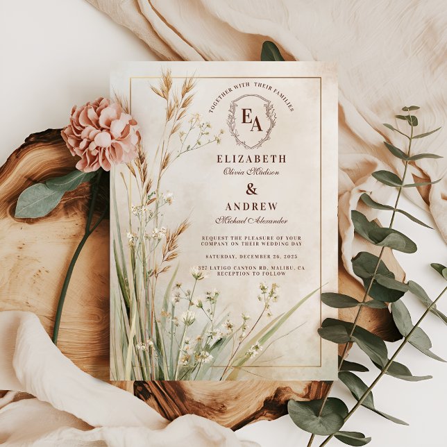 Dried Floral Neutral Rustic Wedding Invitation (Creator Uploaded)