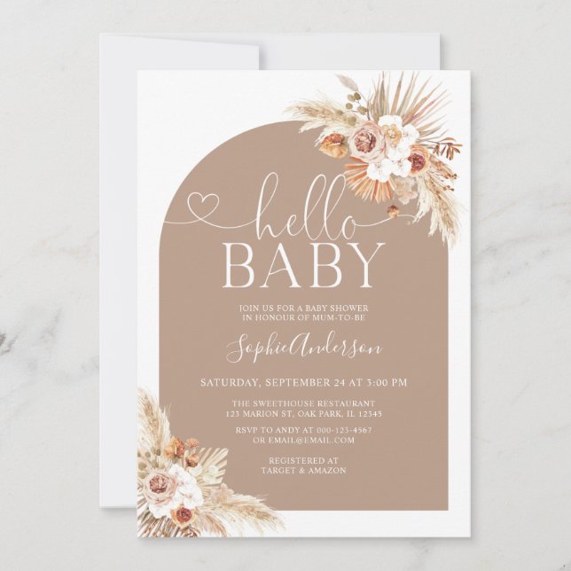 Dried Flower Arch Pampas Grass Boho Baby Shower Invitation (Front)