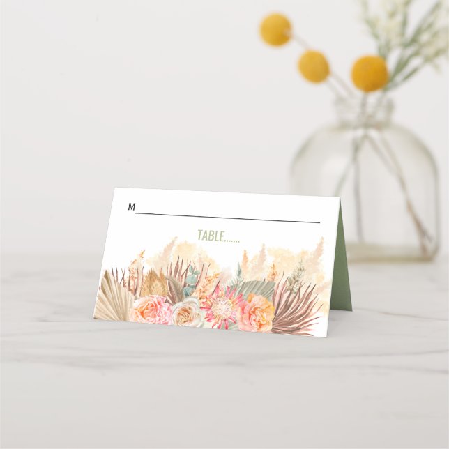 Dried flowers and pampas grass stained sage green place card (Front)