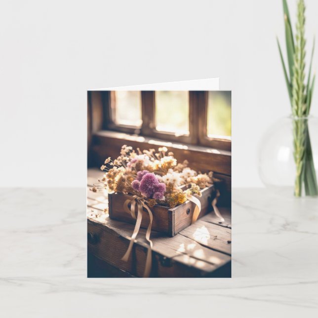 Dried Flowers In Wooden Box Note Card (Front)