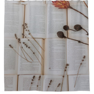 Dried flowers on books shower curtain