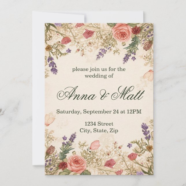 Dried Flowers Vintage Lace Wedding Invitation (Front)