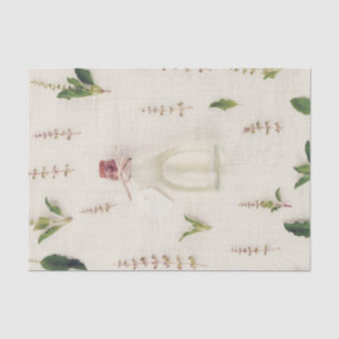 Dried herbs glass bottle burlap texture background tissue paper