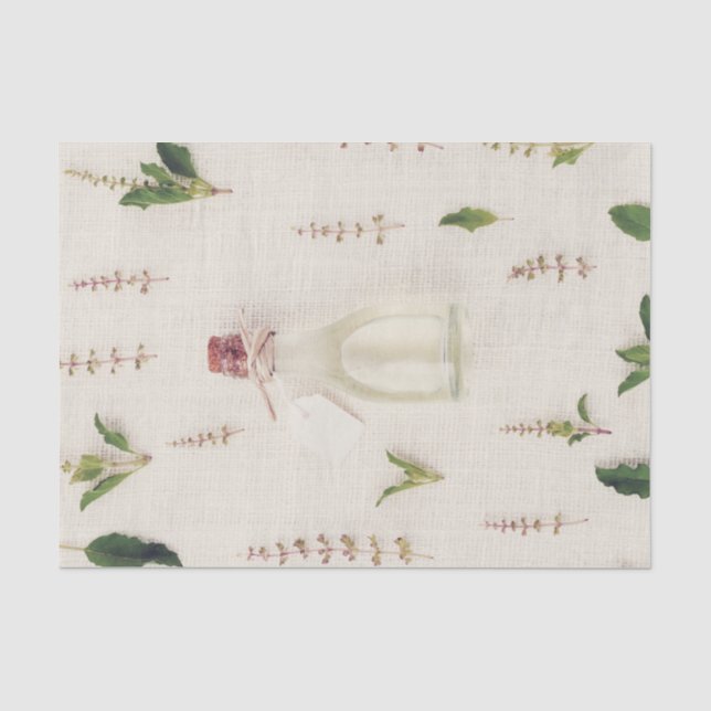 Dried herbs glass bottle burlap texture background tissue paper (Front)