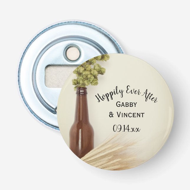 Dried Hops and Wheat Hoppily Ever After Wedding Bottle Opener (Front)