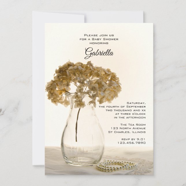 Dried Hydrangeas and Pearls Baby Shower Invitation (Front)